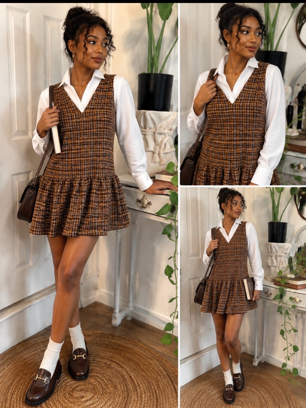 VTG Fall Dark academia 90s Preppy Cider Brown Plaid V-Neck Ruffle Hem Mini Dress